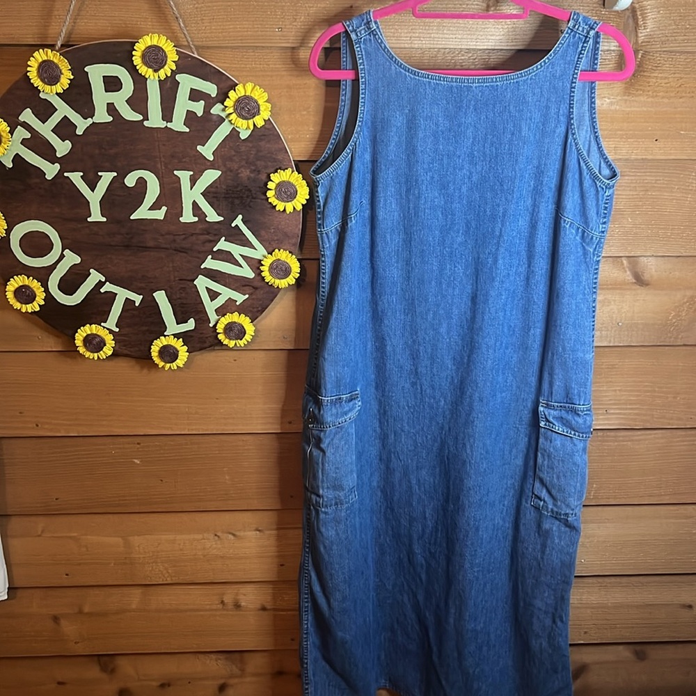 Vintage Liz Claiborne Cargo Pocket Maxi Dress High Neck Sleeveless Denim Jean